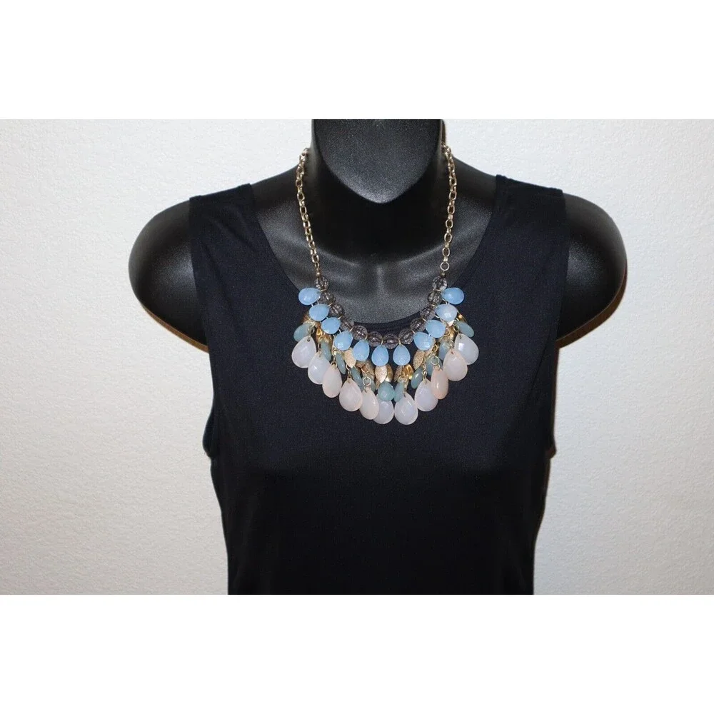 Lot Light Off-white Blue Necklace Gold Tone Dangle Pendant Chandelier Floral